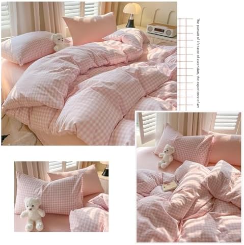 LifeTB Pink Gingham Duvet Cover Set King 100% Washed Cotton Grid Duvet Cover Vintage Pink White Plaid Checkered Comforter Cover Soft Breathable Farmhouse Plaid Gingham Bedding Set for All Seasons