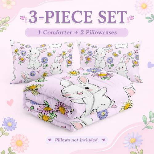 AILONEN Rabbit Comforter Set Twin Size, Cute Bunny Bedding Set,Girls Kids Kawaii Comforter Set,Colorful Daisy Floral Duvet Set 3 Pieces, 1 Quilt and 2 Pillowcases