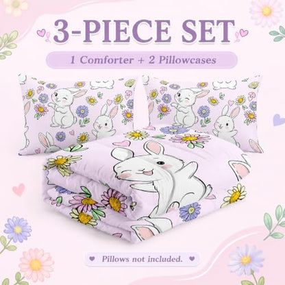 AILONEN Rabbit Comforter Set Twin Size, Cute Bunny Bedding Set,Girls Kids Kawaii Comforter Set,Colorful Daisy Floral Duvet Set 3 Pieces, 1 Quilt and 2 Pillowcases