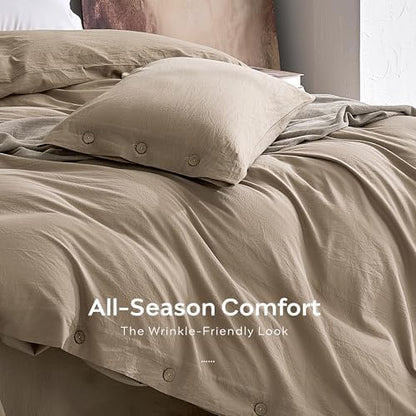 JELLYMONI 100% Washed Cotton Fall Dusty Khaki Duvet Cover Queen, Linen-Like