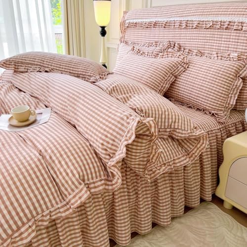 LifeTB Pink Gingham Comforter Set King 3 Pieces Ruffle Pink Plaid Comforter Set Fluffy Soft Grid Bedding Set Vintage Checkered Comforter with 2 Pillowcases Farmhouse Gingham Plaid Bedding Set King
