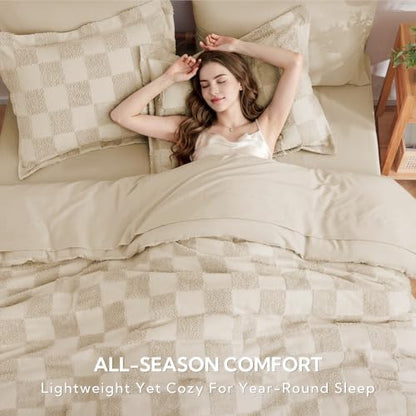 MR&HM 7 Pieces Comforter Set Full, Checkered Boho Tufted Bed Set Linen