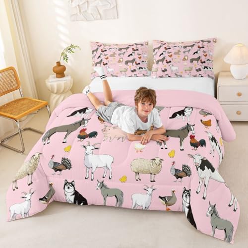 Feelyou Pink Farm Animal Comforter Set Toddler Size Cute Animal Bedding Set for Kids Boys Girls Farm Theme Duvet Quilt Cartoon Bedroom Decor 2 Pcs with 1 Pillow Cases