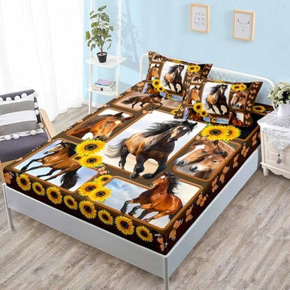 HOSIMA Horse Plaid Patchwork Bedding Queen,1 Fitted Sheet+2 Pillowcases.