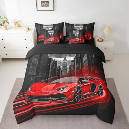 Feelyou Red Race Car Comforter Set with Sheets Twin Size Kids Speed Sports Car 7 Pieces Bedding Set for Boys Girls Teens Racing Car Bed in a Bag Extreme Sports Street Bed Set Gothic Modern City