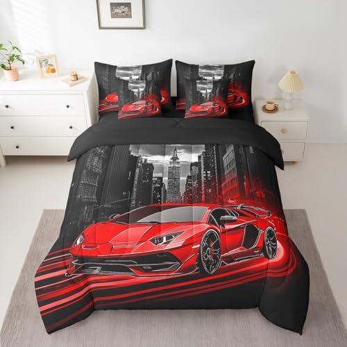 Feelyou Red Race Car Comforter Set with Sheets Queen Size Kids Speed Sports Car 7 Pieces Bedding Set for Boys Girls Teens Racing Car Bed in a Bag Extreme Sports Street Bed Set Gothic Modern City