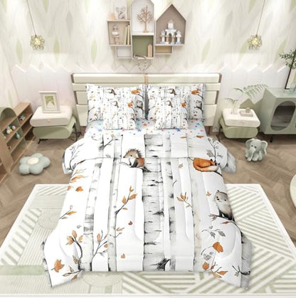 Erosebridal Cartoon Animals 7 Piece Comforter Set King Woodland Forest Bedding Set for Kids Child Boys Girls Fox Hedgehog Wildlife Sheet Set Rustic Cabin Lodge Quilt Botanical Branches Decor