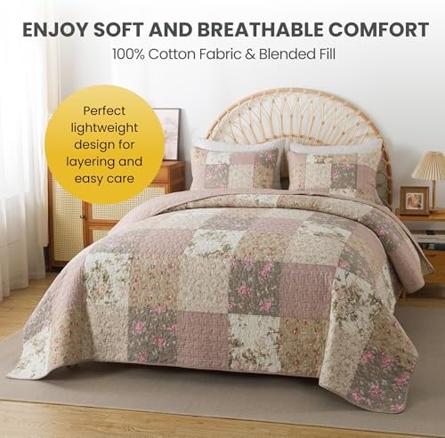 SLPR - Secret Garden Pink Patchwork Cotton Quilt Set, Queen with 2 Shams