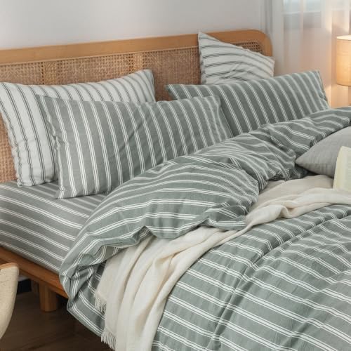 BESTOUCH Striped Cotton Duvet Cover Set Linen Feel Oversized Queen