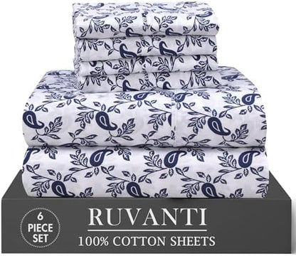RUVANTI 100% Cotton Queen Sheets, Percale Queen Sheet Set, Paisley Ornament