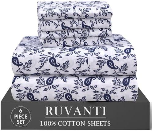 RUVANTI 100% Cotton Percale King Sheets, Crisp and Soft, Paisley Ornament