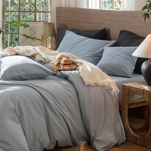MooMee Wavy Striped Duvet Cover Set 100% Washed Cotton Linen Like Textured Breathable Durable Soft Comfy (Cornflower Blue, Super King 108"x98")