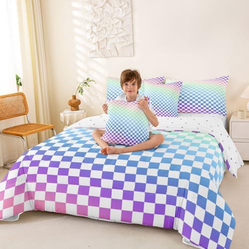 jejeloiu Ombre Colorful Plaid Comforter Set with Sheets 7 Piece King Size