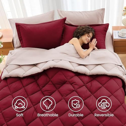 MUXHOMO 7 Pieces Queen Comforter Set, Reversible Bed in a Bag Queen Size, All Season Bedding Set with Comforter, Flat Sheet, Fitted Sheet, Pillowcases & Shams, Burgundy & Rose Gold