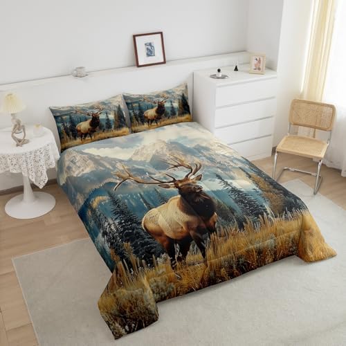 Feelyou Deer Comforter Set Full Size, Deer Antler Bedding Sets, Rural Hunting Theme Down Comforter, Rustic Woodland Duvet Insert, Wild Animals Quilt for Bedroom Decor All Season,Soft Lightweight