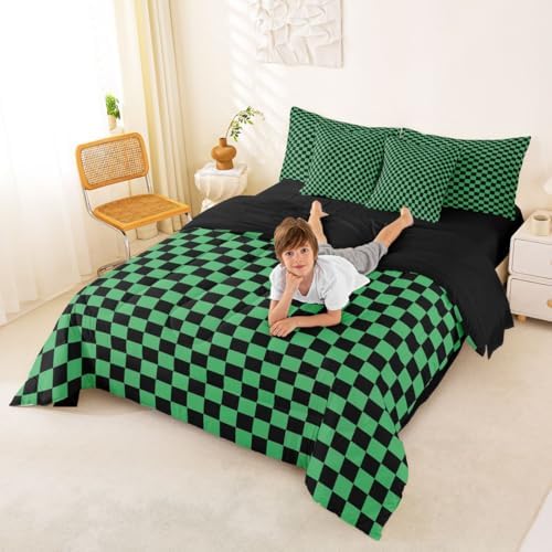jejeloiu Green Black Plaid Comforter Set with Sheets 7 Piece Full Size Checkered Classic Bed in a Bag Kids Boys Girls Grid Geometric Bedding Set Bedroom Decor Breathable Soft Lightweight Microfiber