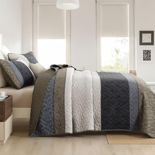 Cottolester Boho Quilt Set Queen,Black Taupe Striped Plaid Coverlet Set