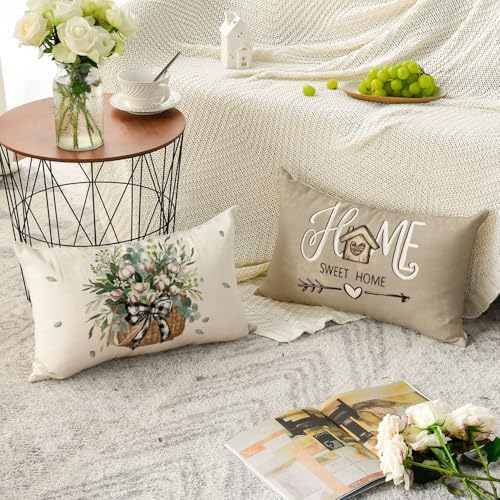 AVOIN Colorlife Bless Our Home Farmhouse Eucalyptus Leaves Throw Pillow Covers, 12 x 20 Inch Truck Sweet Home Cushion Case Decorations Set of 4