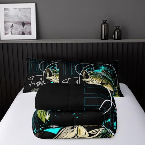 Nttopship Big Pike Fish Bedding ，Hunting and Fishing Brown Green Bedding Set Themed Comforter Set for Kids Boys Room Decor, Twin Bed in a Bag for Teens with 2 Pillowcases