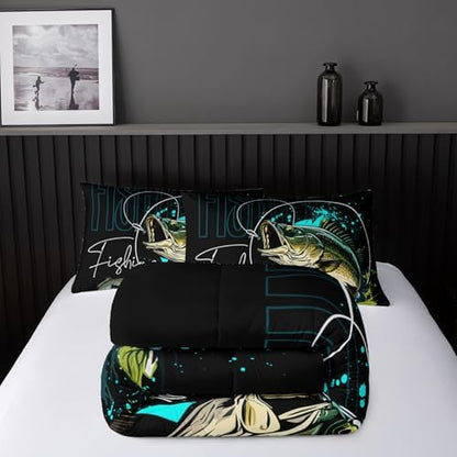 Nttopship Big Pike Fish Bedding ，Hunting and Fishing Brown Green Bedding Set Themed Comforter Set for Kids Boys Room Decor, Twin Bed in a Bag for Teens with 2 Pillowcases