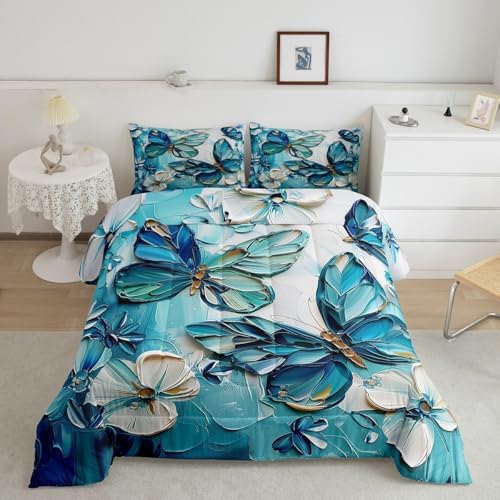 jejeloiu Teal Blue Butterfly Comforter Set Toddler Size Kids Oil Painting Bedding Set for Boys Girls Teens Boho Butterfly Duvet Breathable Animal Quilt Bedroom Decor,1 Comforter with 1 Pillowcase