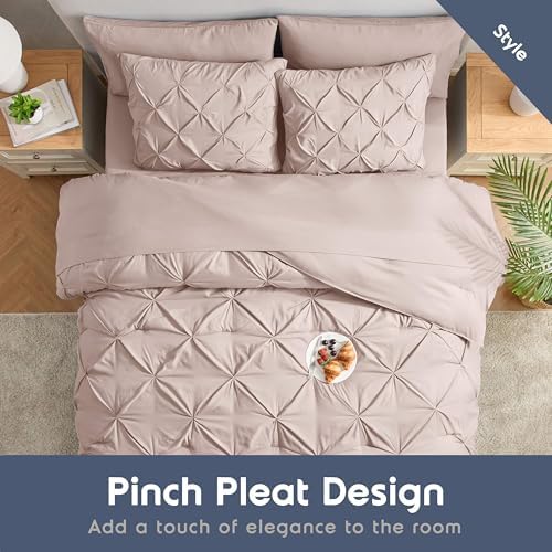 Nestl 9 Piece Queen Comforter Set – Blush Pink Pinch Pleated Bed in a Bag – Complete Queen Size Bedding Set with Sheets, Set of 2 Cooling Pillows, Pillowcases and Shams