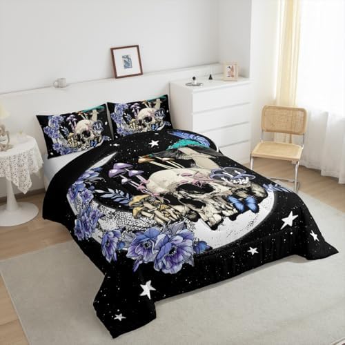 Star Moon Bedding Set King Size Mushroom Sugar Skull Comforter Set 3pcs for Kids Girls Boys Youth Bedroom Decor Exotic Plants Quilted Duvet Purple Flower Butterfly Duvet Insert,2 Pillowcases