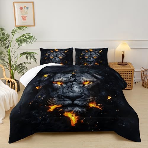 Black & Gold Queen Comforter Set Lion，Lion Queen Size Bedding Set，with 1 Comforter with 2 Pillow Case，Animal Bedroom Decor for Boys Kids Man