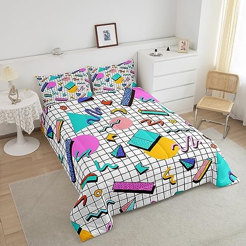 Manfei Memphis Comforter Set Twin Size, Retro 80s or 90s Geometric Fashion Style Quilt Set with 1 Pillowcase, Vintage Hip Hop Bedding Set 2pcs for Kids Boy Girls Lightweight Duvet Insert