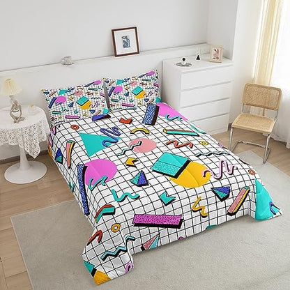 Manfei Memphis Comforter Set Twin Size, Retro 80s or 90s Geometric Fashion Style Quilt Set with 1 Pillowcase, Vintage Hip Hop Bedding Set 2pcs for Kids Boy Girls Lightweight Duvet Insert