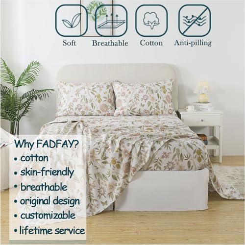 FADFAY King Size Sheets 100% Cotton Botanical Floral Bed Sheet Leaves Sunflower Printed Farmhouse Bedding Lemon Butterfly Patterned Deep Pocket Flower Sheets Luxury 600 TC Soft Breathable 4 Pcs