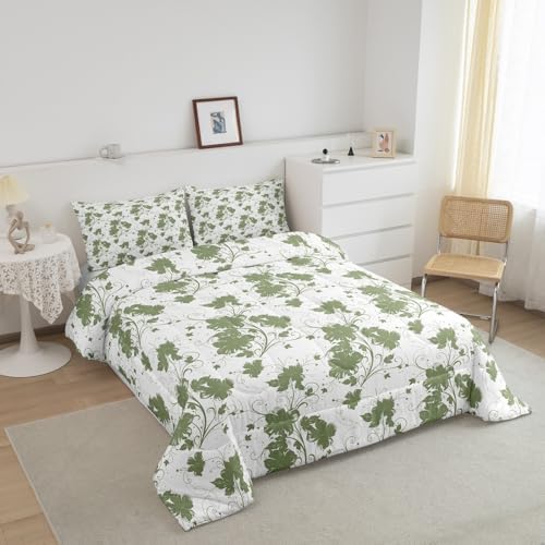 jejeloiu Green Flower Comforter Set Full Size Kids Floral Bedding Set for Boys Girls Teens Botanical Duvet Breathable Minimalist Aesthetics Quilt Bedroom Decor,1 Comforter with 2 Pillowcase