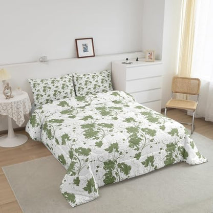 jejeloiu Green Flower Comforter Set Full Size Kids Floral Bedding Set for Boys Girls Teens Botanical Duvet Breathable Minimalist Aesthetics Quilt Bedroom Decor,1 Comforter with 2 Pillowcase