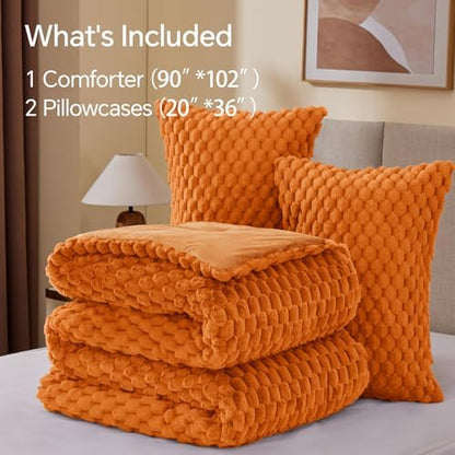 BEDELITE Fluffy King Comforter Set, Burnt Orange Fleece Bed Set 3 Pieces