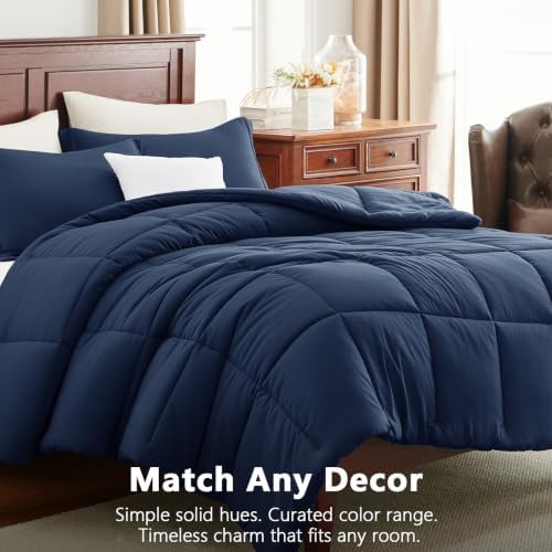 CozyLux Full Size Comforter Sets, 3-Piece Box-Stitched, Navy Blue