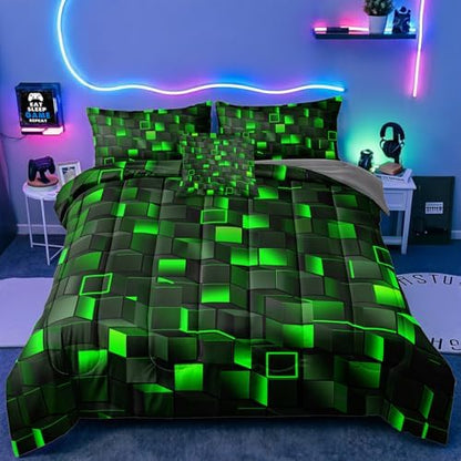 6 Piece 3D Block Comforter Set Full Size for Boys Kids Room Green Gaming Block Bedding Set Bed in a Bag for Boys Girls Kids Teens Bedroom Decorative Full14