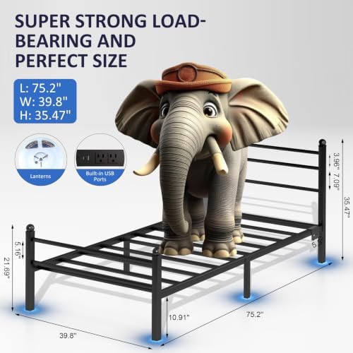 J.Fkne Twin Bed Frame with LED Lights & Charging Station, Metal Platform Bed with Headboard, Heavy Duty Metal Slats, No Box Spring Needed, Noise Free, Easy Assembly, Black