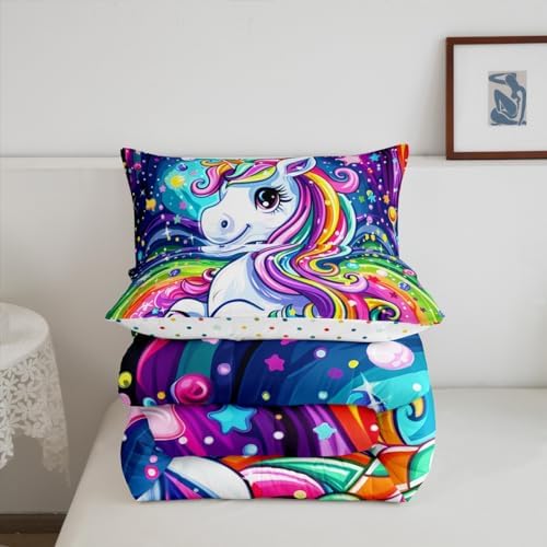 Castle Fairy Unicorn Comforter Set Full Size 3 Piece Colorful Unicorn Bedding Set for Girls Kids Bedroom Decor,Universe Starry Sky Watercolor Reversible All Season Quilt Duvet with 2 Pillowcases