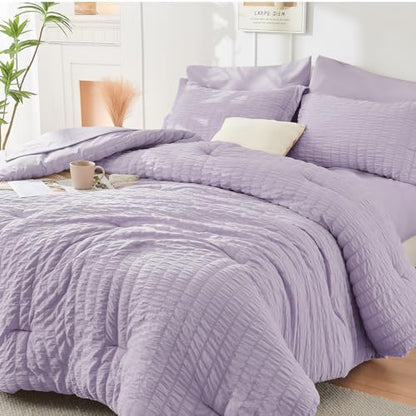 HYMOKEGE Lavender Oversized Queen Comforter Set Seersucker 7 Pieces, All Season Luxury Bed in a Bag for Bedroom, Bedding Set with Comforter, Sheets, Pillowcases & Shams
