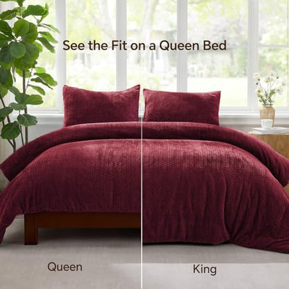 ChiXpace Fleece Queen Comforter Set Burgundy, Fluffy Bed Set 3 Pieces