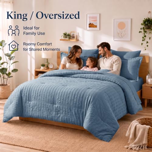 CozyLux Oversized Queen Seersucker Comforter Set, Grayish Blue, 98 x 98 in