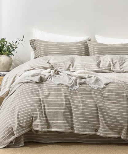 JELLYMONI 100% Washed Cotton Beige Striped Duvet Cover Set Full