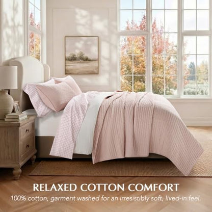 EVERGRACE 100% Cotton Cross Stitch 3-Piece Quilt Set, Queen, Ballet Pink