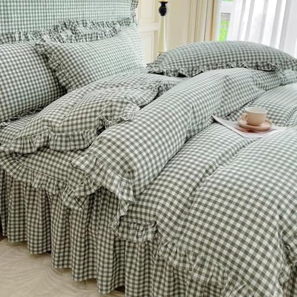 LifeTB Green Gingham Comforter Set Full Size Ruffle Plaid Checkered Pattern Comforter Farmhouse Grid Plaid Gingham Bedding Comforter Set with 2 Pillowcases Fluffy Soft Lightweight Grid Bedding Set