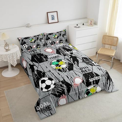 Football Gaming Comforter Set King Size Modern Sports Soccer Bedding Set Kids Boys Teens Watercolor Geometric Hexagon All Season Quilt Set Baseball Bedding Comforter Sets with 2 Pillowcases