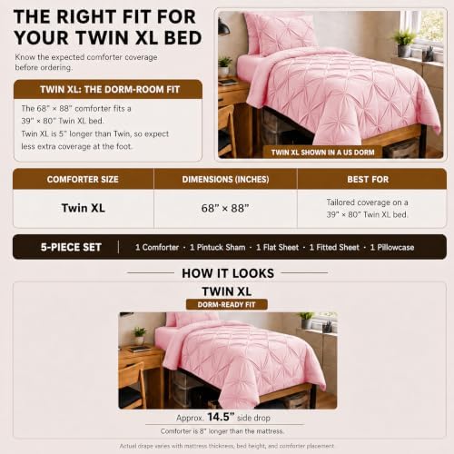 HIMEET Twin XL Comforter Set Pink - 5 Pieces Pintuck Bed in a Bag
