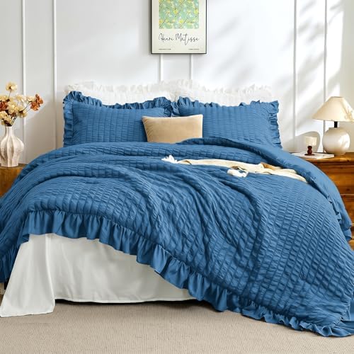 JOLLYVOGUE Teal Queen Comforter Set, 3 Pieces Seersucker Comforters Queen Size, Lightweight & Fluffy Bedding Sets Queen for All Season with 1 Ruffle Comforter and 2 Ruffle Pillowshams