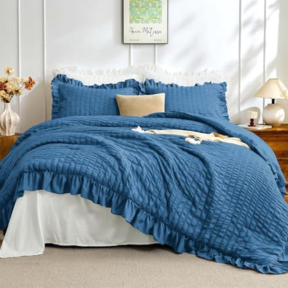 JOLLYVOGUE Teal Queen Comforter Set, 3 Pieces Seersucker Comforters Queen Size, Lightweight & Fluffy Bedding Sets Queen for All Season with 1 Ruffle Comforter and 2 Ruffle Pillowshams
