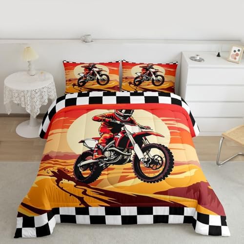 Feelyou Sunset Motocross Comforter Set King Dirt Bike Rider Bedding Set for Kids Boys Girls Checkered Flag Duvet Quilt Off-Road Racing Design Bedroom Decor Outdoor Sports 3 Pcs with 2 Pillow Cases