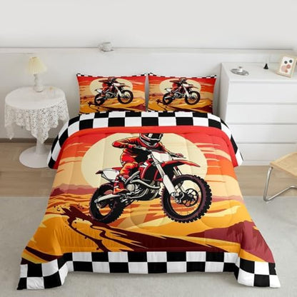 Feelyou Sunset Motocross Comforter Set Queen Dirt Bike Rider Bedding Set for Kids Boys Girls Checkered Flag Duvet Quilt Off-Road Racing Design Bedroom Decor Outdoor Sports 3 Pcs with 2 Pillow Cases